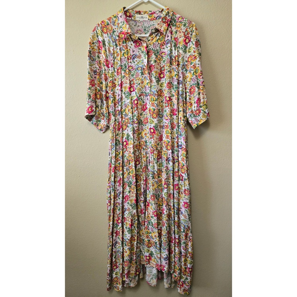 Natural Life Floral Tiered Maxi Dress XL Boho Cottagecore Button Front Rayon